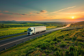 A white truck drives along a highway in a green countryside at sunset, under a beautiful sky with sunbeams.