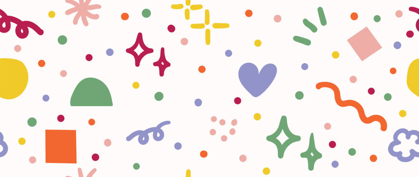 Colorful cute shape doodle in seamless pattern vector. Abstract art background design with childish scribble, doodle in vibrant color. Fun creative illustration for kids, fabric, prints, cover.