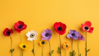 Vibrant Anemone Flowers Close-Up in Red, Purple, and Yellow on Clean Background