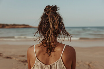 A woman with her hair in a bun, wearing a white dress, stands on the beach, looking at the serene ocean waves under a clear blue sky on a sunny day.
