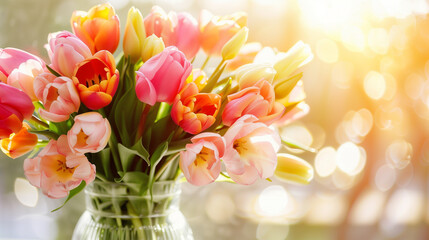 A vase of tulips is sitting on a table