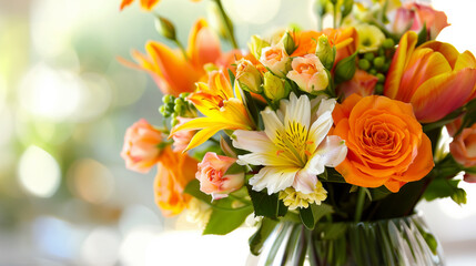 A vase of flowers with a yellow and orange color scheme