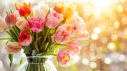 A vase of pink and orange tulips sits on a table