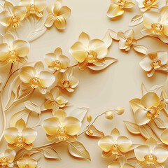 Obraz premium Pattern with 3D yellow orchids on a yellow background with advertising space. Template for a greeting card, decor, print on fabric, paper.