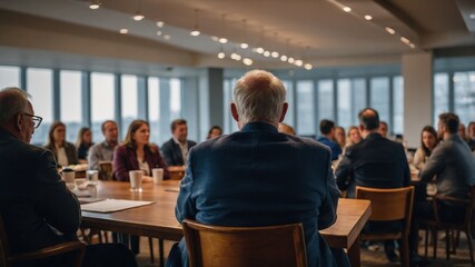 A group of business professionals engaged in a large conference meeting in a modern office setting with ample natural light.
