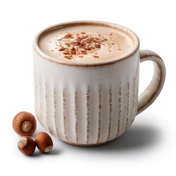 Cozy mug of creamy hazelnut coffee topped with cinnamon, perfect for a warm and comforting beverage experience.