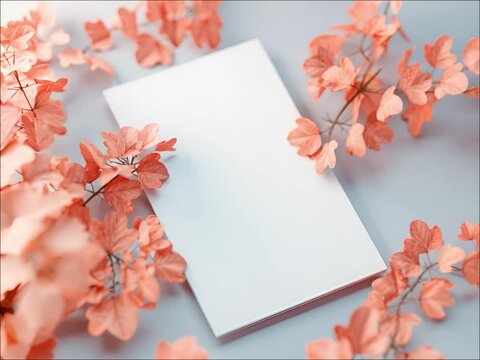 White empty paper, frame surrounded by autumn leaves slow backdrop.