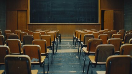 Empty Classroom with Wooden Chairs and Chalkboard