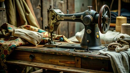 A detailed shot of a vintage sewing machine, with its metal parts slightly tarnished and a spool of thread and fabric remnants beside it, set against a rustic wooden table