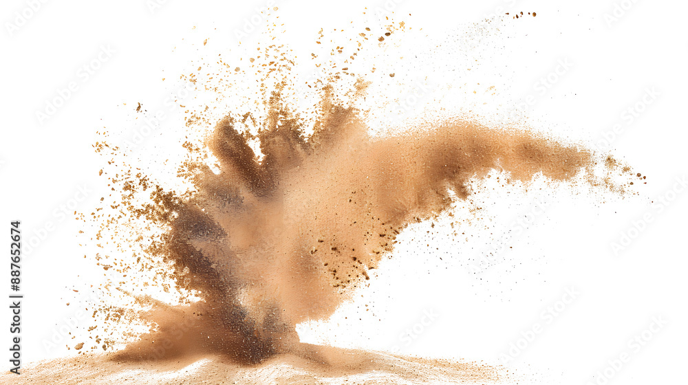 Poster sand flying explosion isolated on white background ,throwing freeze stop motion object design