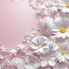 Fototapeta premium Pattern with 3D white flowers on a pink background with advertising space. Template for a greeting, romantic card, decor, print on fabric, paper.