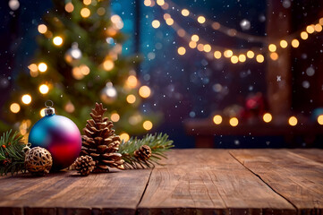 Empty wooden table, cones, ball christmas tree, lights on background, blurred bokeh. Christmas mock up banner to display, advertise product, promotion sale, presentation. New year, winter backgrounds.