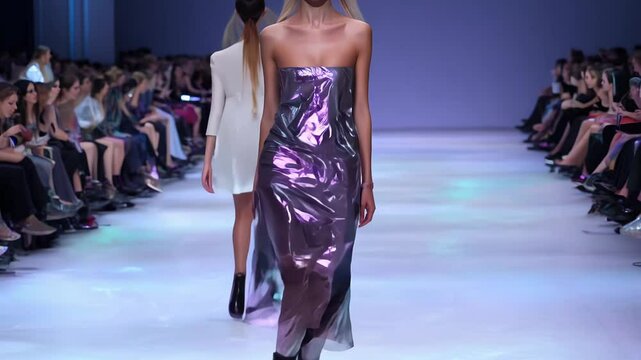 Model glides down illuminated runway in iridescent purple gown. Sleek silhouette showcases fluid fabric, capturing futuristic elegance amidst attentive audience. 