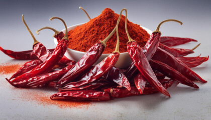 Dry red chillies isolated on white background with clipping path with red chilli powder