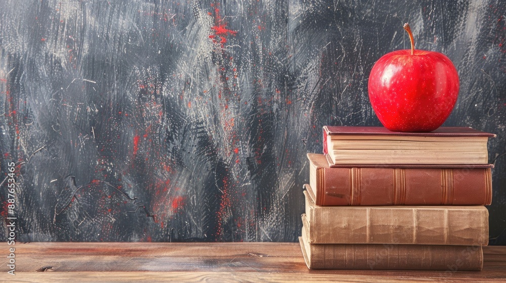 Poster return to academia educational setting with books and apple on chalkboard