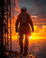 Oil and gas worker on offshore platform at sunset, perfect for industrial setting searches