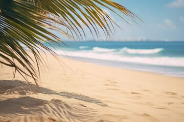 Obraz premium Coco palm tree on tropical paradise sandy beach with blue sky and clear sea. Seascape, blue ocean in sunny day. Summer vacation and travel concept. Nature background for card, banner, flyer
