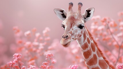 A gentle giraffe on a solid lavender background, leaving space above for text. --ar 16:9 --stylize...