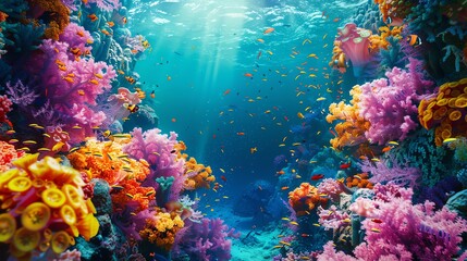 Fototapeta premium High-angle view, underwater coral reef teeming with vibrant marine life, photorealistic digital art, sunlight filtering through turquoise water, detailed textures and rich colors