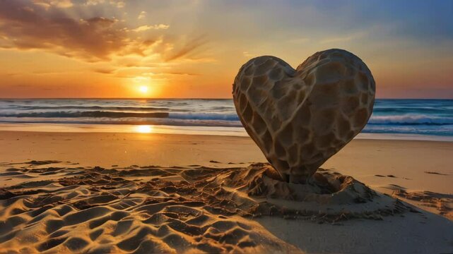 A heart-shaped sand sculpture graces the beach as the sun sets over the ocean, creating a picturesque and romantic scene. AI.