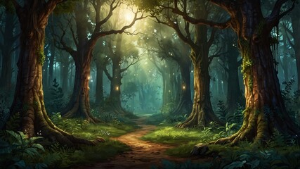 Fototapeta premium A beautiful fairytale enchanted forest with big trees and great vegetation. Digital painting background