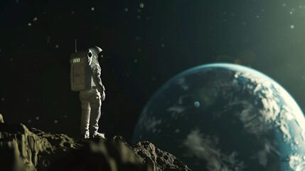 Obraz premium Rear view of a minimalist astronaut in a sleek white suit standing on a small rocky planet