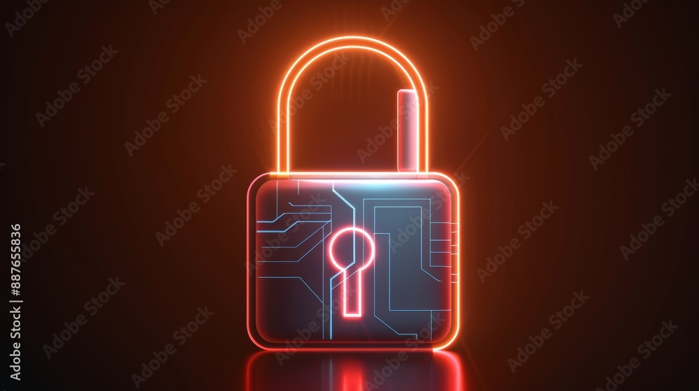 Poster glowing lock icon with holographic circuits, set against a matrix-like background symbolizing cybers