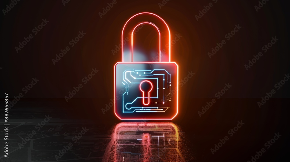 Poster glowing lock icon with holographic circuits, set against a matrix-like background symbolizing cybers