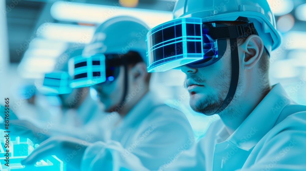 Poster group of engineers and architects in a tech lab, using augmented reality to view 3d construction mod