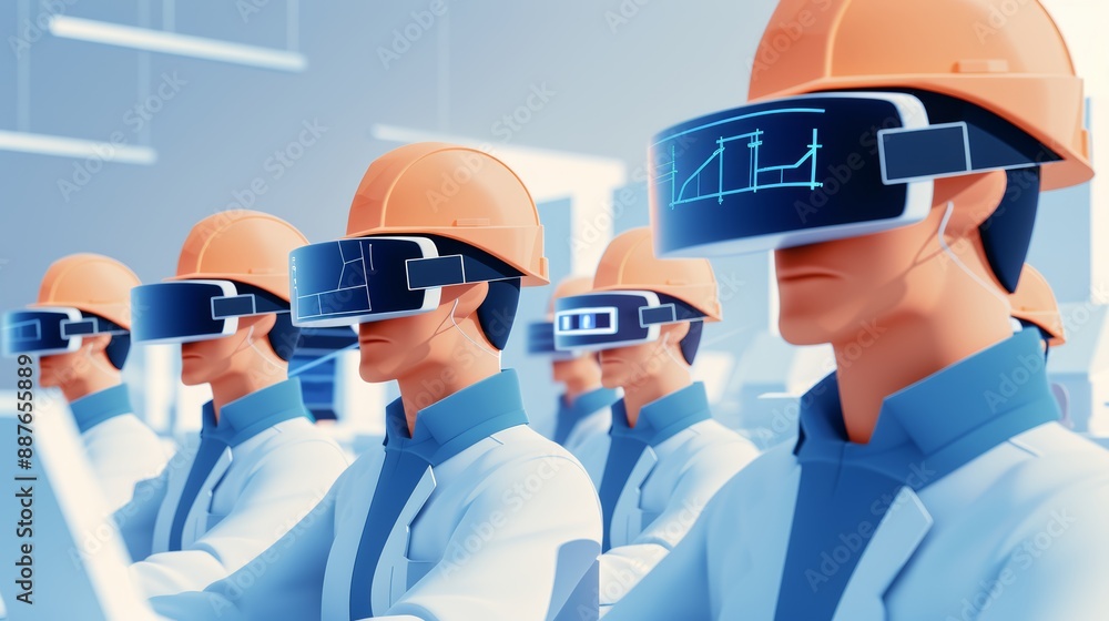 Poster group of engineers and architects in a tech lab, using augmented reality to view 3d construction mod