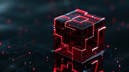 High-tech digital cube, red circuits on dark reflective surface, futuristic innovation, cyberpunk, neon accents
