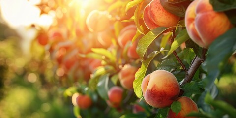 fresh peaches on tree in summer