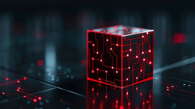 High-tech digital cube, red circuits on dark reflective surface, futuristic innovation, cyberpunk, neon accents
