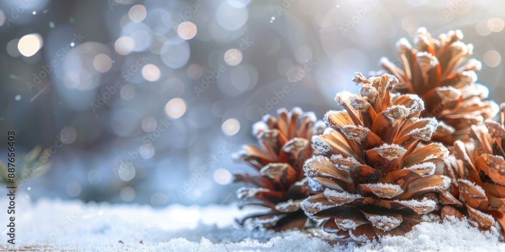 Poster christmas pine cone with snows with blurry bokeh background