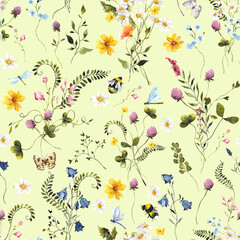 Fototapeta premium Seamless pattern with watercolor hand draw wildflowers, herbs and grass, butterfly, dragonfly and bumblebee, isolated on colored background
