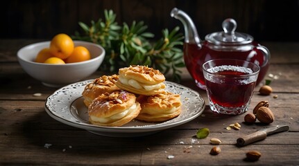 A breakfast table set with small pastries, powdered sugar and flour sprinkled in the air, in a Rustic style.