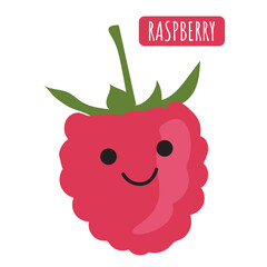 Cute little red raspberry like a princess with text. Berry smiles. Vector isolated image