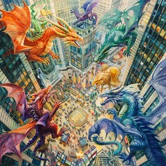 Fototapeta premium Birds-eye view of a bustling stock market