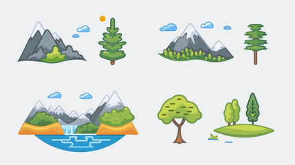 Naklejka premium Nature icons for websites and apps. Desert, mountains, forest, river, sea, lake.