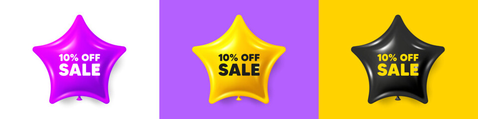 Sale 10 percent off discount. Birthday star balloons 3d icons. Promotion price offer sign. Retail badge symbol. Sale text message. Party balloon banners with text. Birthday or sale ballon. Vector