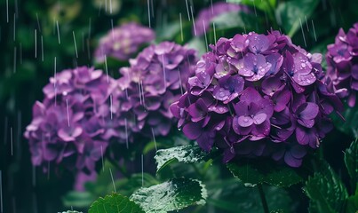 Fototapeta premium purple hydrangeas in the rain, Generative AI