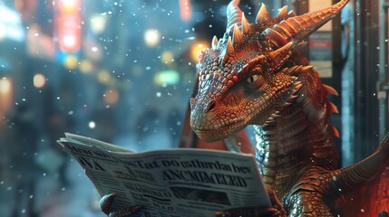 Frontal view of a dragon reading a newspaper © Sakdecha