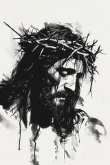 Fototapeta premium Powerful black and white illustration of Jesus Christ with a crown of thorns, symbolizing sacrifice, faith, and redemption, ideal for religious and inspirational themes.