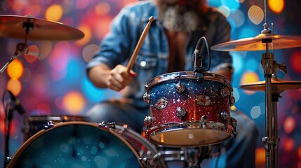 Obraz premium Talented Artistic Man Playing Drums, Making A Concert Against A Vivid Background, Jazz, Dynamic And Lively, High Quality Background