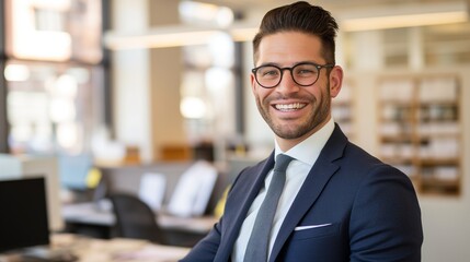 Fototapeta premium Professional Male HR Manager in Formal Business Suit Smiling in Office with Documents and Computer, Showcasing Expertise in Human Resources and Corporate Environment
