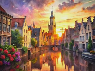 Fototapeta premium Warm golden light bathes medieval Bruges' ancient gothic towers, architecture, canals, cobbled alleys, and vibrant flowers at sunset in Flanders, Belgium, Northern Europe.