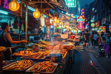 A lively Thai street food market at night, with vendors cooking and selling a variety of dishes