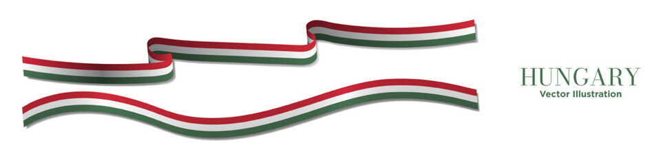 3d Horizontal Long Hungary Flag Ribbons with shadows, isolated on white background. Hungarian Flag Curled and rendered in perspective. Graphic Resource. Editable Vector Illustration.
