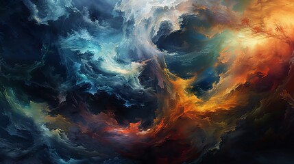 Fototapeta premium Low-angle view, surrealism art style, swirling storm clouds merging with vibrant brush strokes, oil painting technique, dramatic and ethereal, atmospheric depth and vivid colors