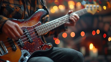 Naklejka premium The Bass Guitarist Plays The Bass Guitar, Rhythmic And Focused, High Quality Background